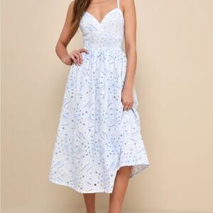Eyelet Embroidered White and Blue Dress